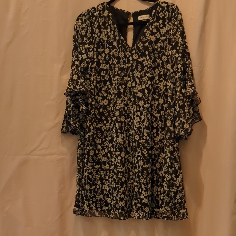 Calvin Klein Collection Black and Cream Floral Midi Dress